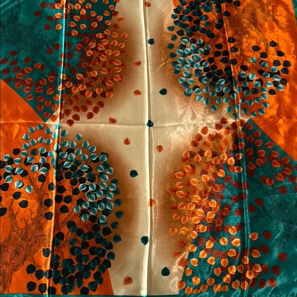 2245- Tree Print Silk-Feel Square Scarf Orange Green Teal 100% Polyester NWT - Picture 3 of 10